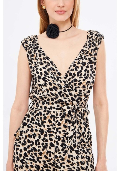 Armonika Kadın Bej Kruvaze Yaka Omuzu Lastik Detaylı Sırtı V Kuşaklı Uzun Tulum Arm-24y001049