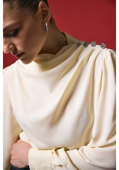 Düğmeleri Taş Detaylı Bluz - Sarı-136995