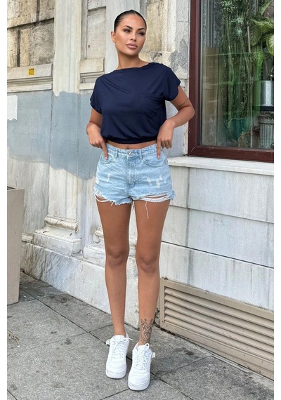 Kadın Lacivert Yarım Kol, Geniş Yaka, Tek Cepli, Beli Lastikli Rahat Crop Bluz Lacivert