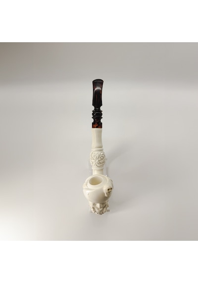 El Oyması Lületaşı Korsan Figürlü Uzun Pipo Kuru Kafa Kabartmalı, Akrilik Ağızlıklı Meerschaum