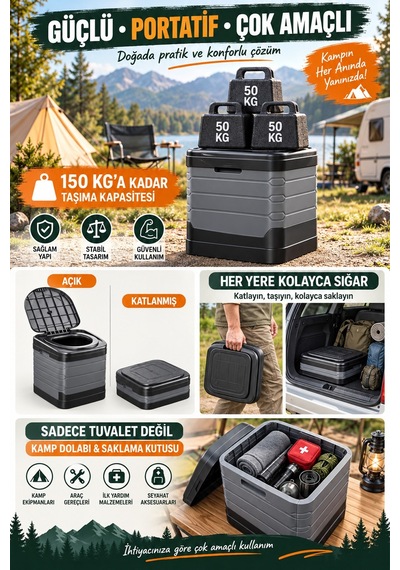 Efsane Kamp - Portatif Katlanabilir Konfor Kamp Seyahat Tuvaleti - Büyük Gri