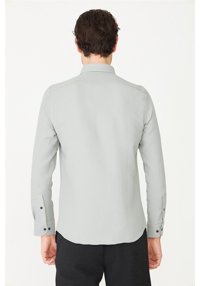 Gri Düğmeli Yaka Uzun Kollu Gömlek Slim Fit Gri