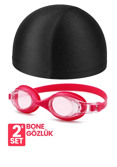 Set Yüzücü Gözlüğü Kumaş Bone Set Yüzme Havuz Deniz Gözlüğü Ve Bone Pembe