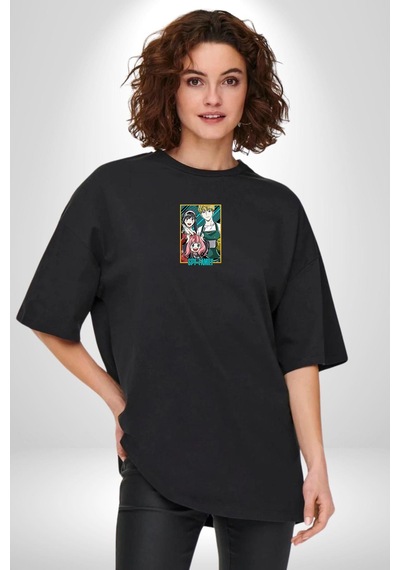 Spy X Family Anime Özel Tasarım Siyah Oversize Unisex Ön Orta Minimal Baskılı Tişört Siyah