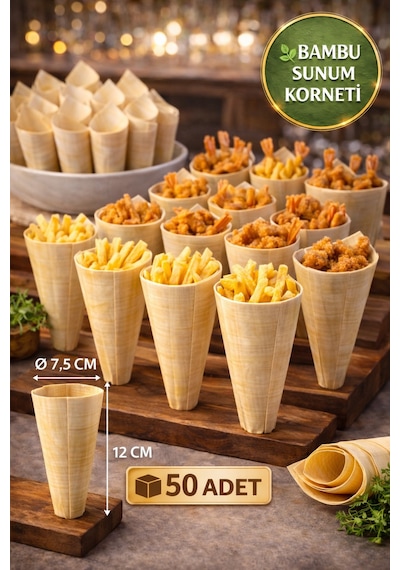 50'li Pkt Medium Bambu Sunum Korneti 12,5x7 Cm Doğal Sunum Külahı Kokteyl Catering Finger Food Sunumluk