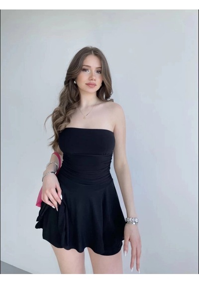 Moda Kadın Straplez Mini Etek Görünümlü Şortlu Elbise Büzgülü Şık Yazlık - Siyah Çok Renkli