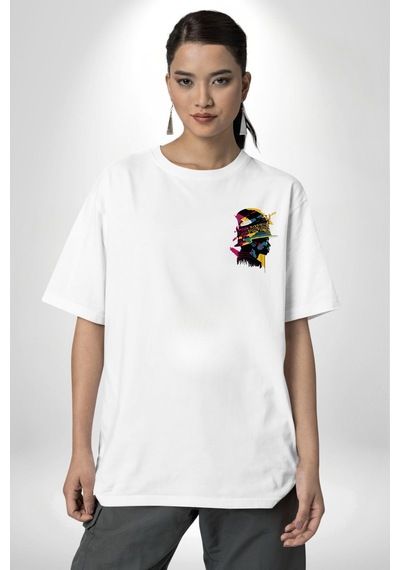 Afrikalı Kadın Sanat Siyahi Beyaz Oversize Unisex Ön Ve Sırt Baskılı Tişört Beyaz