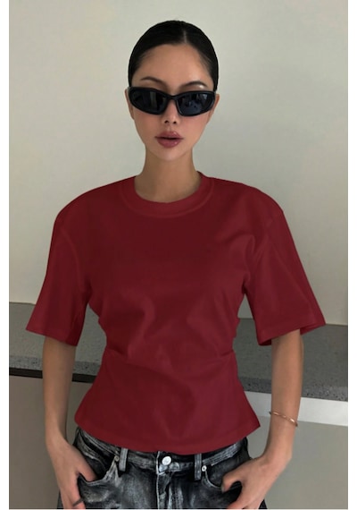 Kadın Bordo Kısa Kollu Sırt Dekolteli Slim Fit Bluz/t-shirt Bordo