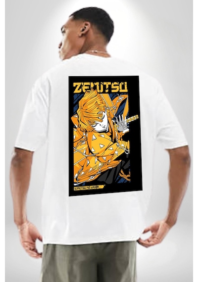 Zenitsu Agatsuma Anime Beyaz Oversize Unisex Ön Ve Sırt Baskılı Tişört Beyaz