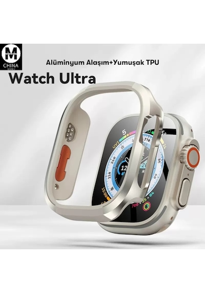Movenchy Apple Watch Ultra 49mm Mo-wt3 Alüminyum Camlı Kasa Ekran Koruyucu - Gold