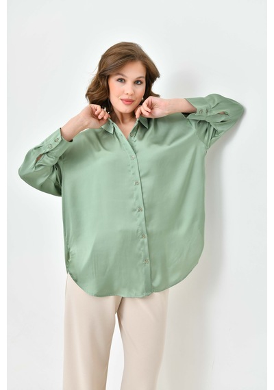 Pera Moda Kadın Salaş Oversize Kesim İpek Saten Gömlek Çağla