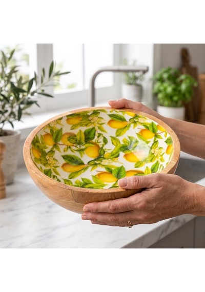 Mango Ağacı Kase 25 Cm, Limon Desenli Geniş Salata Ve Servis Kasesi, 10 Cm Yükseklik, Dekoratif Ahşap Sunum Kasesi Diğer