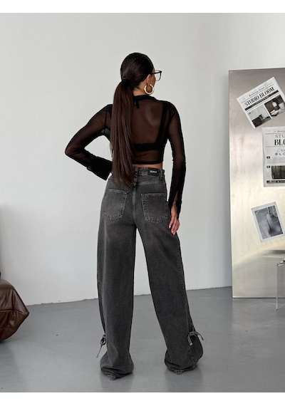 Bağcık Detaylı Yüksek Bel Geniş Paça Gri Denim Pantolon siyah
