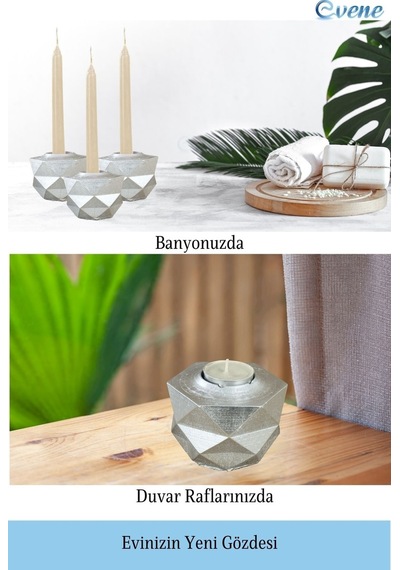 Mumluk Şamdan 3 Adet Tealight Ve İnce Mum Uyumlu Prizma Model - Gümüş