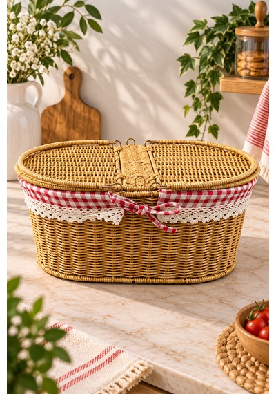 Hasır Rattan Oval Piknik Sepeti Sepet Düzenleyici 18 38 25cm Sarı