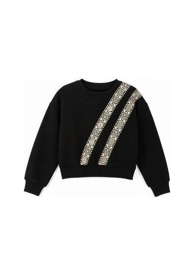 Zekids Kız Çocuk Siyah Etnik Desenli Şerit Detaylı Sweatshirt-17447