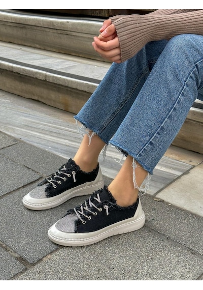 Erva'nın Butiği Siyah Keten Jule Taş Bağcıklı Kadın Sneakers-5784