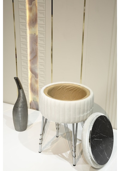Bianco Metal Ayaklı Sehpalı Puf Krom Kırık Beyaz Chrome Off White