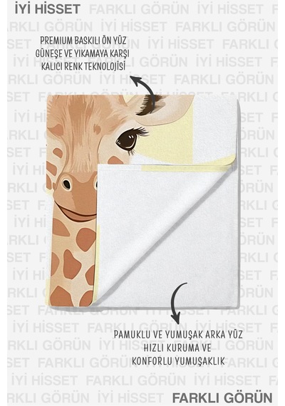 Zürafa Figürlü Sarı Ekose Çocuk Plaj Havlusu - Safari Temalı Pastel Hızlı Kuruyan Mikrofiber Havlu Pastel Çayı