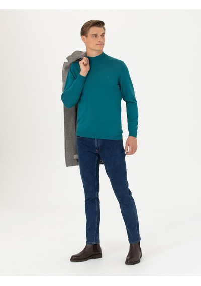 Cacharel Açık Petrol Slim Fit Bisiklet Yaka Basic Triko Kazak