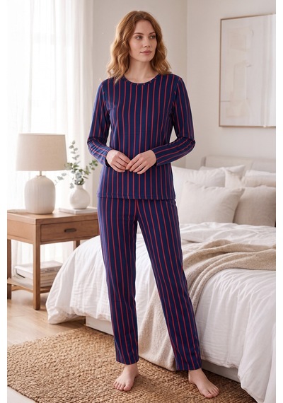 Fullamoda Çizgili Bisiklet Yaka Süet Pijama Takımı Lacivert