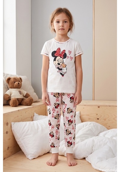 Remsa Kız Çocuk Kısa Kol Baskılı Penye Pijama Takımı 2600 Krem