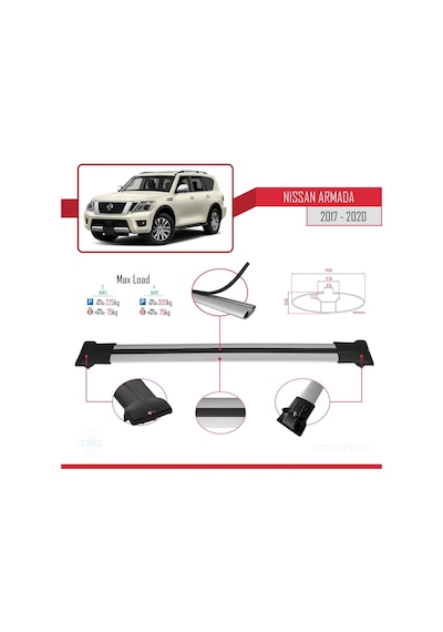 Nissan Armada Y62 2017-2020 Arası İle Uyumlu Fly Model Ara Atkı Tavan Barı Gri 3 Adet Bar