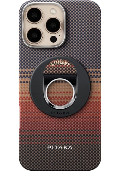 Apple Uyumlu iPhone   16 Pro Max Kılıf   Magsafeli Yüzük Standlı Aramid Fiber Pitaka Tactile Woven Sunset Kapak