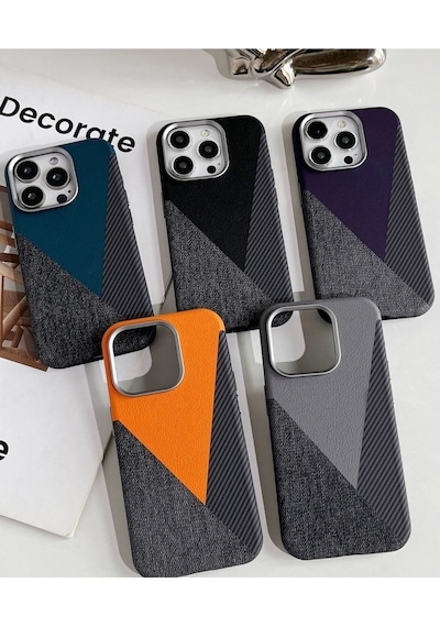 Apple Uyumlu iPhone Akfa 15 Pro Craft Serisi Deri Karbon Ve Kumaş Tasarımlı Lüks Premium Telefon Kılıfı Siyah