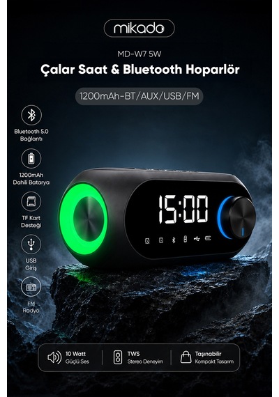 Mikado Md-w7 1200mah 5w Siyah Bluetooth-aux-derece-usb-fm Radyo Alarmlı Saat Speaker Speaker
