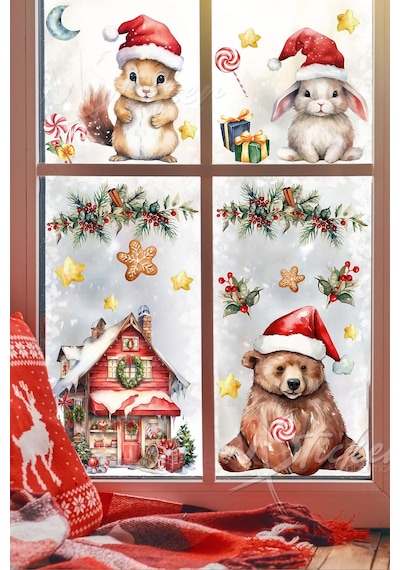 Sevimli Hayvanlar Yılbaşı Sevinci Yılbaşı Sticker, Ormanda Kış Kutlaması Sticker Seti, Yılbaşı Süsü Dijital Baskı