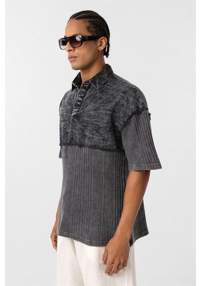 Vamos Yıkamalı Triko Oversize Polo Yaka Tişört V70-53 Siyah