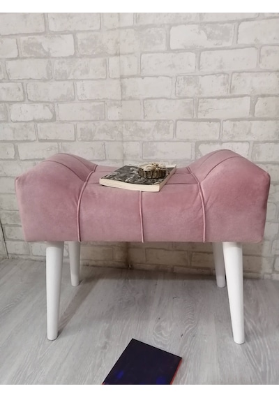 Pudra Rengi Puf Ahşap Beyaz Ayak Çima Dikiş Spor Modern Tasarım