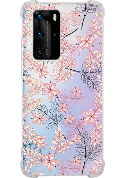 Huawei P40 Pro Uyumlu Köşe Korumalı Floral Kırmızı Tasarımlı Şeffaf Silikon Kılıf