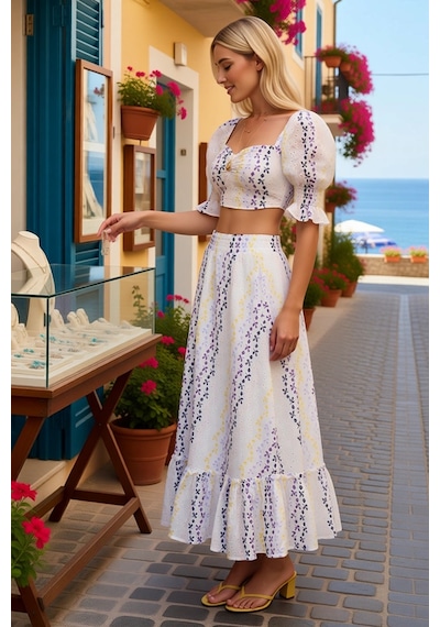 Benerly Kadın Çiçekli Desenli Brode Dokuma Crop Top Midi Etek Takımı Kalp Beyaz