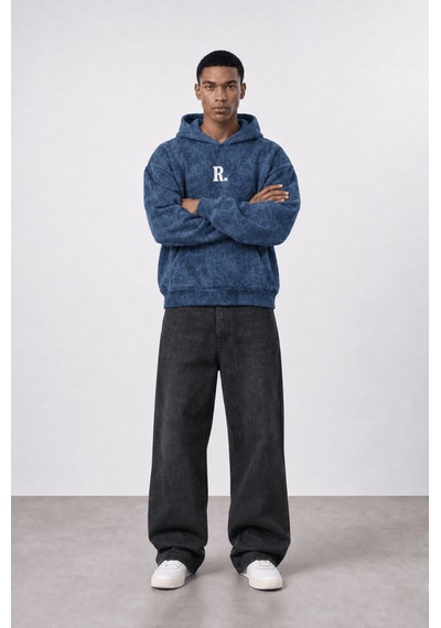 Respire Erkek Revere Nakışlı Yıkamalı Oversize Hoodie Lacivert