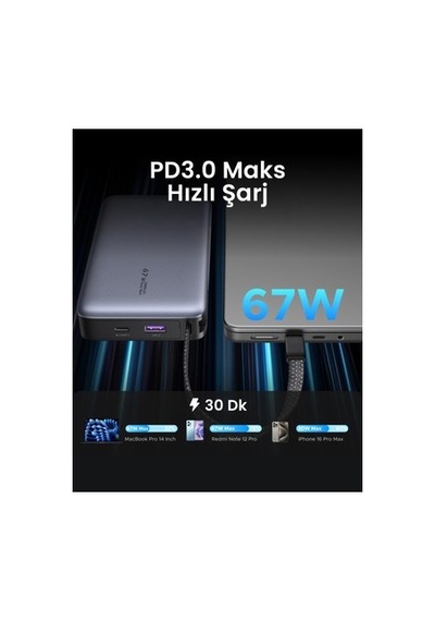 20000mah 67w Hızlı Şarj Powerbank, Dahili Kablolu 30.000 Mah