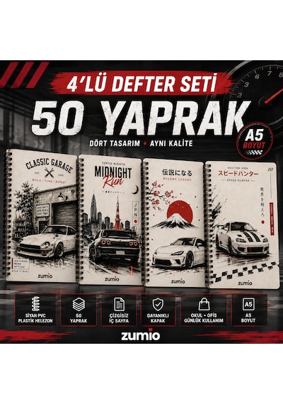 4'lü A5 Araba Temalı Çizgisiz Defter Seti 50 Yaprak Düz
