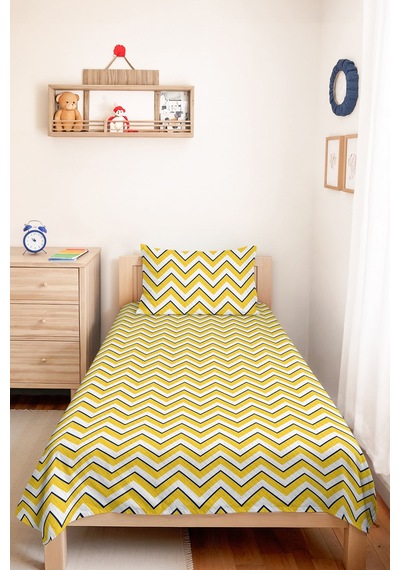 Sarı Zigzag Geometrik Genç Odası Tek Kişilik Pike Takımı - Lacivert 160x220 Cm Kapitone Yatak Örtüsü Kırmızı