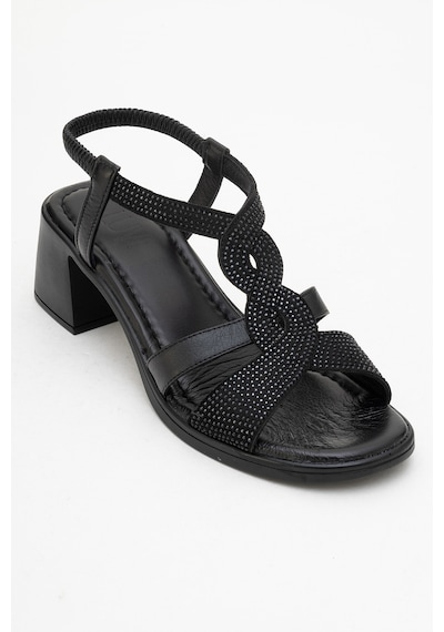 Luvishoes Luvi Shoes Dolen Siyah Taşlı Hakiki Deri Kadın Kalın Topuklu Sandalet Siyah