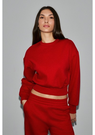 Grimelange Karalıs Kadın Pamuklu Bisiklet Yaka Crop Kırmızı Sweatshirt Kırmızı