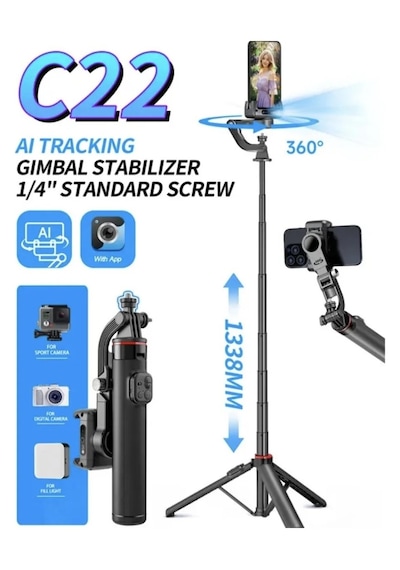 C22 Akıllı Yüz Takip Özellikli Kameralı Kumandalı Canlı Yayın Selfi Çubuğu Gimbal Tripod Siyah