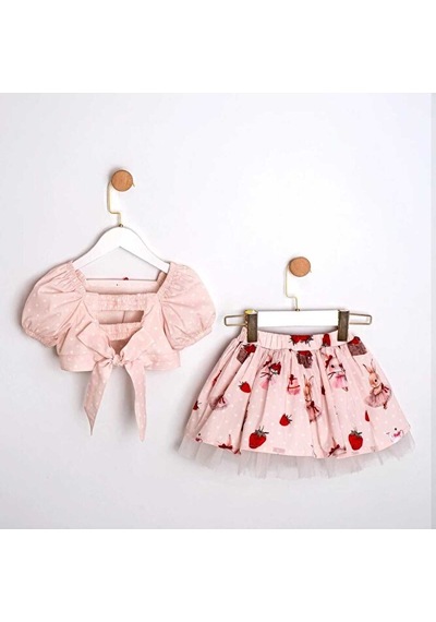 Ministok Bella Crop Blüz Etekli 2'li Kız Çocuk Takım Pembe