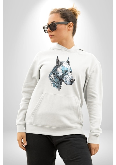 Robot Cyborg Köpek Doberman Kadın Erkek Beyaz Kapüşonlu Sweatshirt Hoodie Beyaz