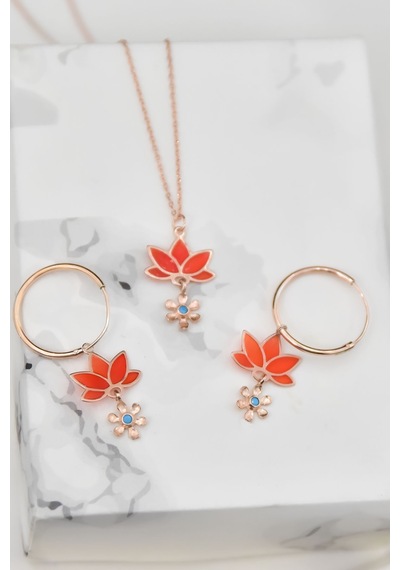 Papatya Silver 925 Ayar Gümüş Rose Kaplama Parlayan Rüya Serisi Tasarım Ebruli Cam Boyamalı Lotus Kolye ve Küpe Set