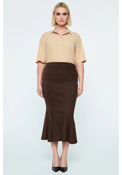 Frm Kadın Moda Stil Maxi Astarsız Örme Büyük Beden Örme Etek Koyu Kahverengi