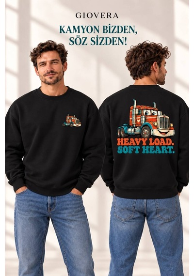 Gıovera Kamyon Baskılı Premium Erkek Oversize Sweatshirt %100 Pamuk Kişiselleştirilebilir Siyah