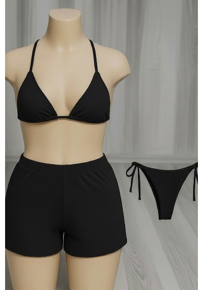 Kadın 3'lü Set Siyah Şortlu Ve Yandan Bağlamalı Bikini Mayo Takımı