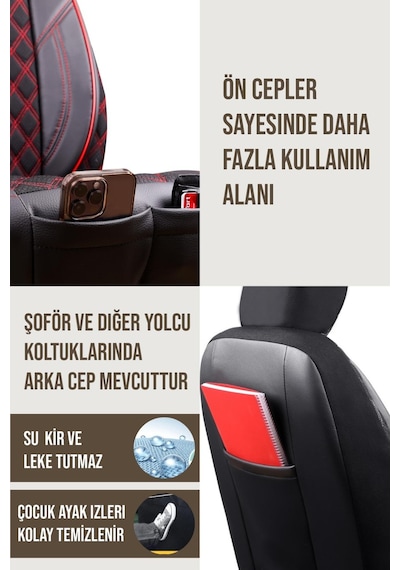 Volvo 940 Yarı Deri Oto Koltuk Kılıfı Siyah Kırmızı Petra Serisi