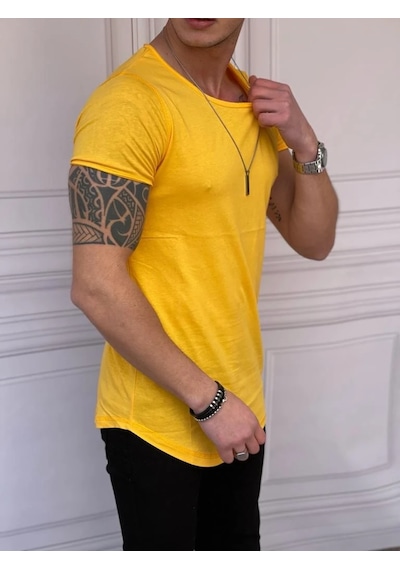 Modefendi Slim Fit Oval Kesim Pamuk Basic Tshırt Sarı
